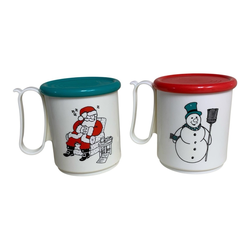 Set of 2 Tupperware Christmas Holiday Mugs Sleeping Santa and Snowman W/Lids